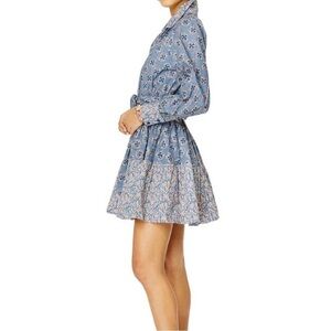 ROLLER RABBIT Primrose Shea Blue Floral Cotton Block Print Collared Mini Dress